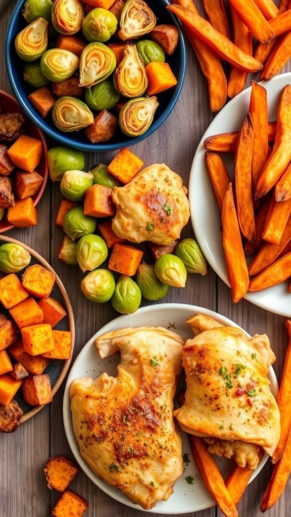 Healthy air fryer toaster oven dishes: Brussels sprouts, chicken, and sweet potato fries on a wooden table.
